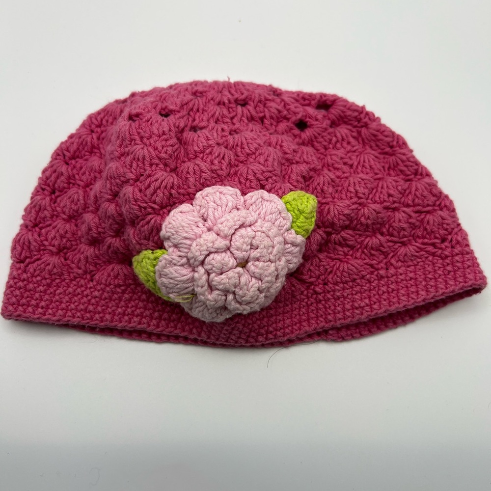 DayLee Design Crochet Baby Hat | Pink Flower Beanie | Size 6–12M
